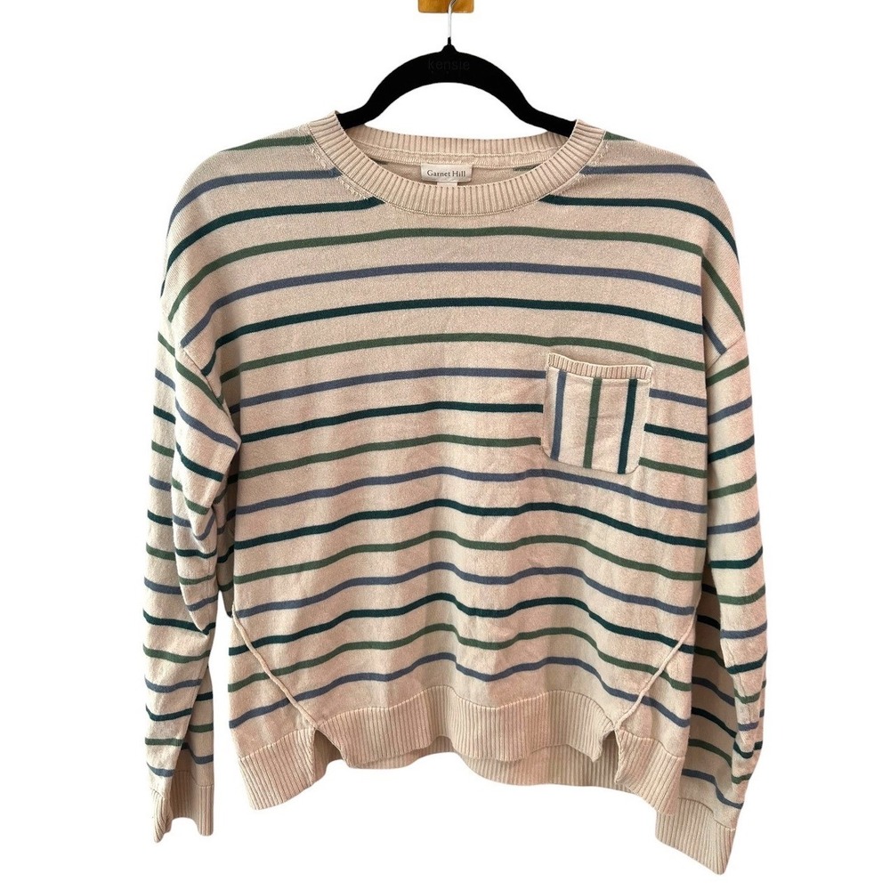 Garnet Hill Pima Cotton Sweater Striped Casual Crewneck Cream Green Blue Medium